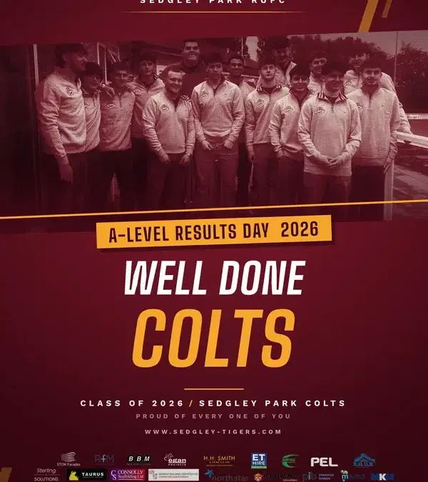Sedgley Park Tigers Colts squad in club quarter-zips outside the clubhouse, marking A-Level results day 2026