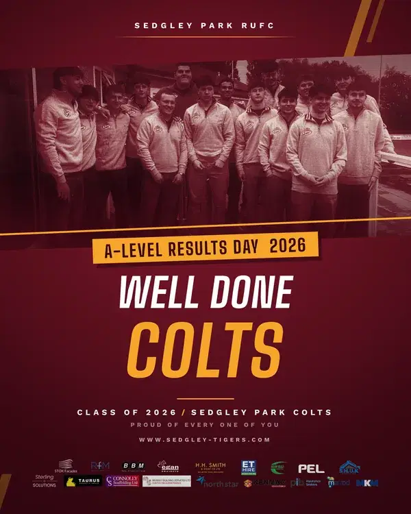 Sedgley Park Tigers Colts squad in club quarter-zips outside the clubhouse, marking A-Level results day 2026