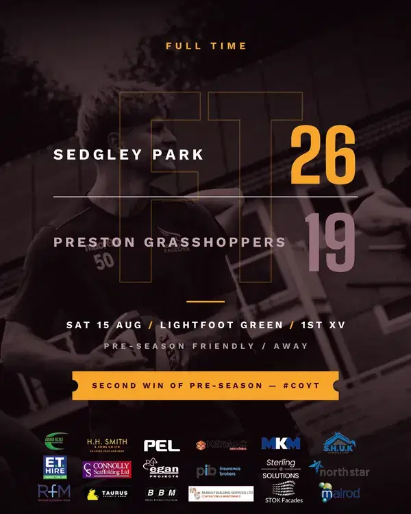 Sedgley Park RUFC full-time graphic - Sedgley Park 26, Preston Grasshoppers 19, pre-season friendly away at Lightfoot Green, Saturday 15 August