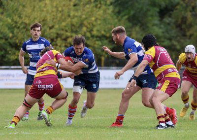 A carrier takes the ball into contact during Sedgley Park against Sheffield at Park Lane