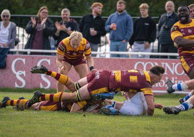 A Sedgley Park Tigers player grounds the ball for a try as teammates and the Park Lane crowd celebrate