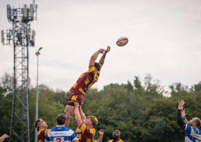 A Sedgley Park Tigers forward stretches above the lineout to claim the ball against Tynedale