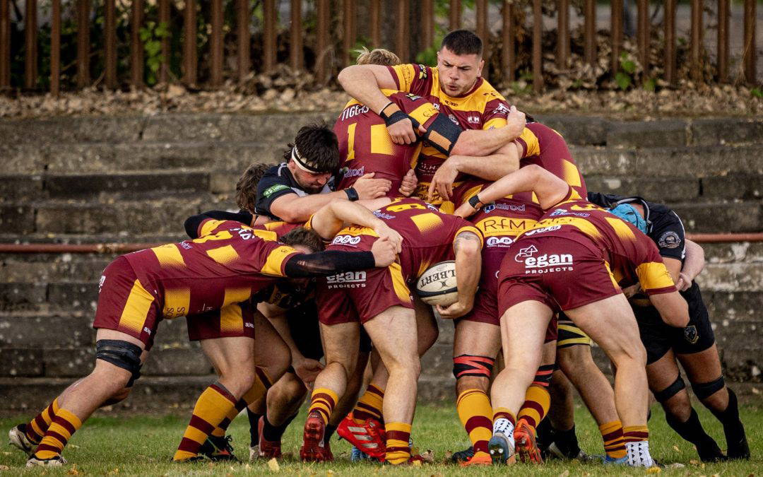 Sedgley Park forwards drive a maul at Cross Green against Otley