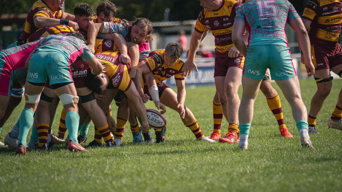 The Sedgley Park pack drives a scrum against Darlington Mowden Park