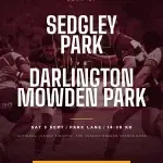 Sedgley Park matchday graphic: next up, Sedgley Park v Darlington Mowden Park at Park Lane, Saturday 5 September, 14:30 kick off, National League 2 North season opener
