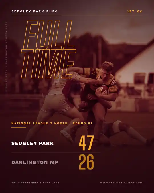 Full time graphic: Sedgley Park 47, Darlington Mowden Park 26 at Park Lane