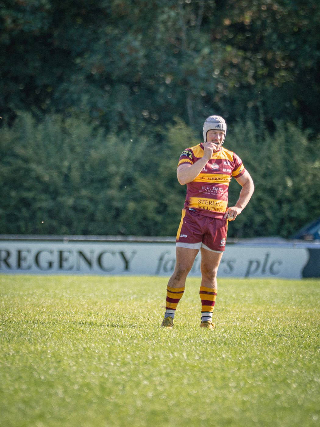 A Sedgley Park player waiting for play to restart at Park Lane