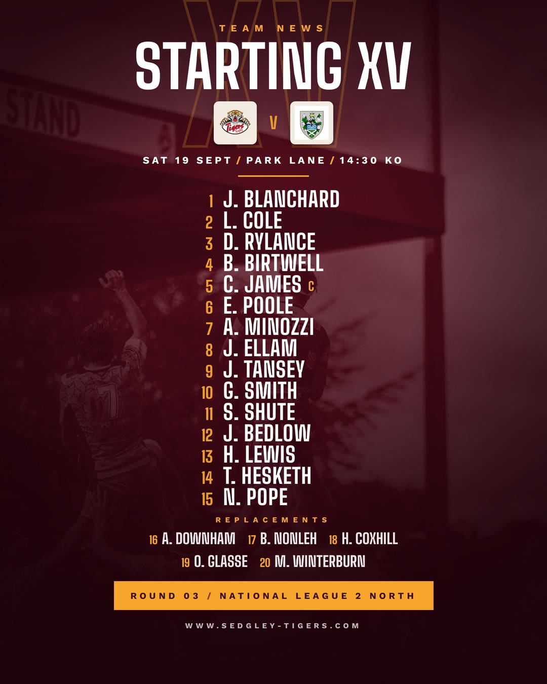 Sedgley Park First XV team sheet for the home game against Tynedale on Saturday 19 September