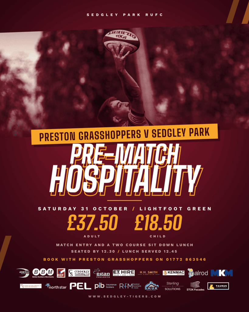 Pre-match hospitality at Preston Grasshoppers v Sedgley Park, Saturday 31 October, 37.50 pounds adult, 18.50 pounds child, book on 01772 863546