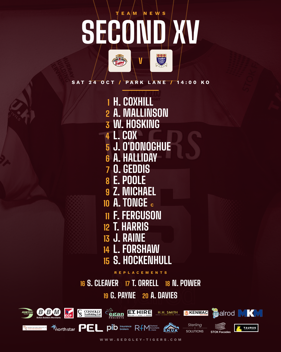 Sedgley Park Second XV team sheet for Preston Grasshoppers at home, Saturday 24 October