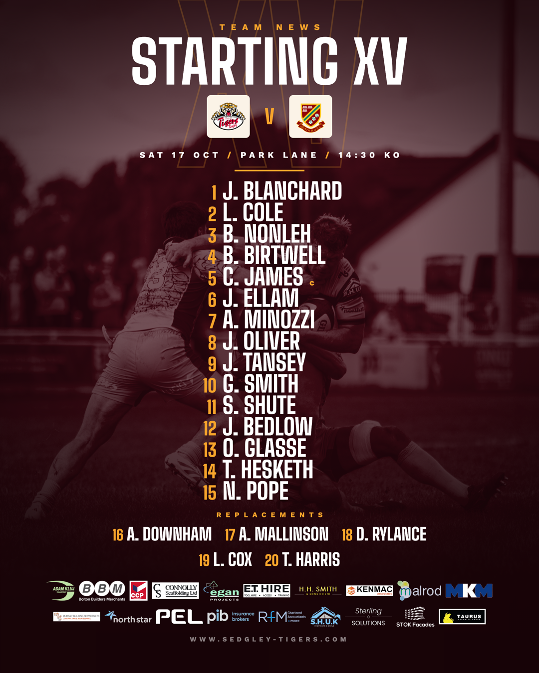 Sedgley Park starting XV and replacements for Heath at home, National League 2 North Round 07