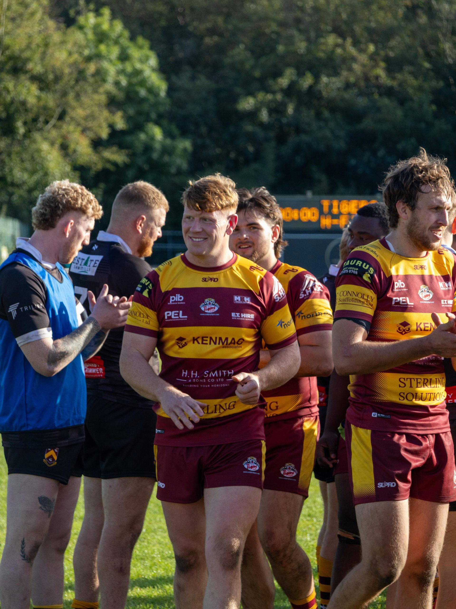 Sedgley Park players leave the pitch after the 92-7 win over Huddersfield