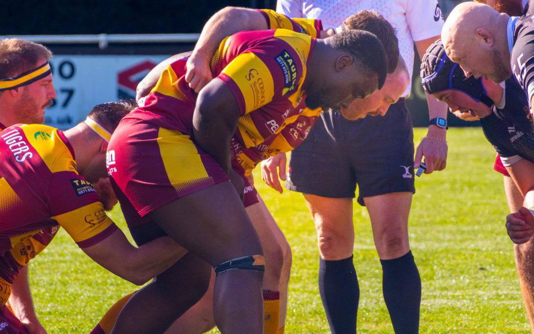 The Sedgley Park front row packs down against Huddersfield