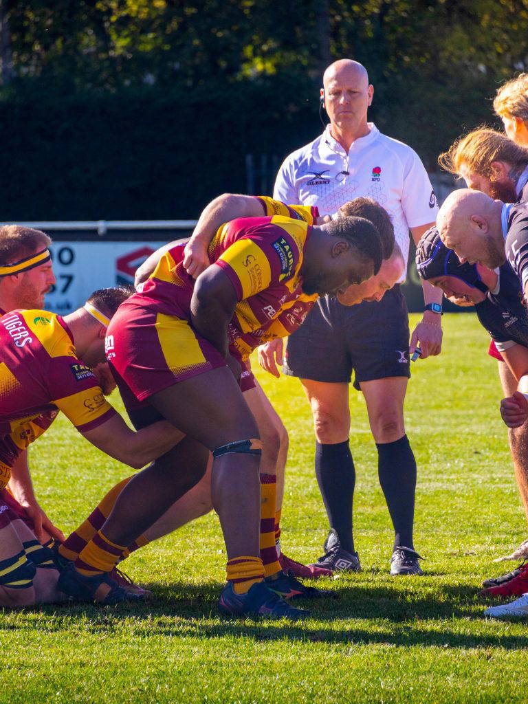 The Sedgley Park front row packs down against Huddersfield
