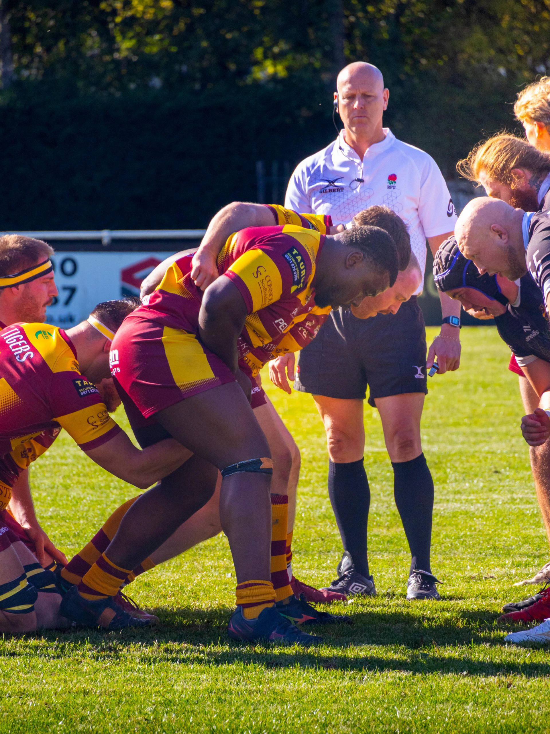 The Sedgley Park front row packs down against Huddersfield