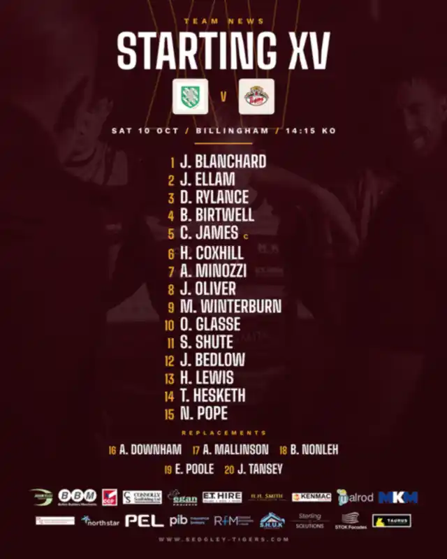 Sedgley Park starting XV and replacements for Billingham away, National League 2 North Round 06