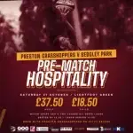 Pre-match hospitality at Preston Grasshoppers v Sedgley Park, Saturday 31 October, 37.50 pounds adult, 18.50 pounds child, book on 01772 863546