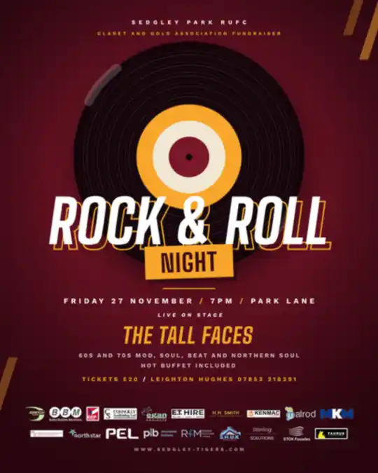 Rock and Roll Night at Park Lane, Friday 27 November 7pm, live music from The Tall Faces, tickets 20 pounds, a Claret and Gold Association fundraiser